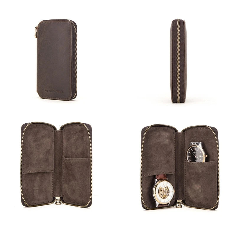 Rustic Leather 2-Slot Watch Pouch