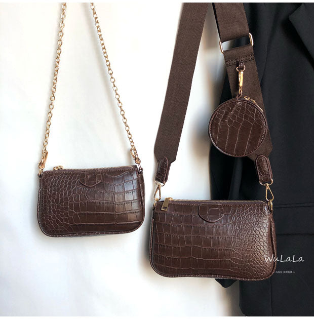 Vintage Crocodile women shoulder luxury wide strap bag