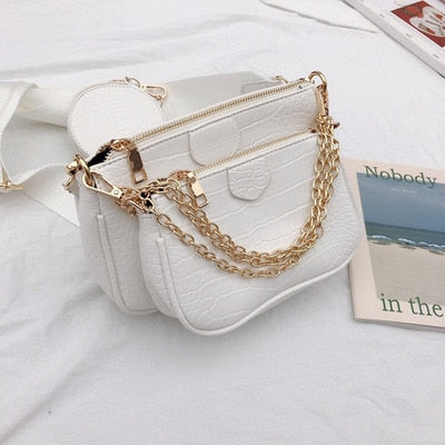 Vintage Crocodile women shoulder luxury wide strap bag